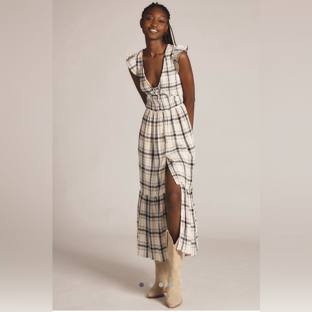 Anthropologie peregrine Midi Cream and Blue Plaid Dress-L